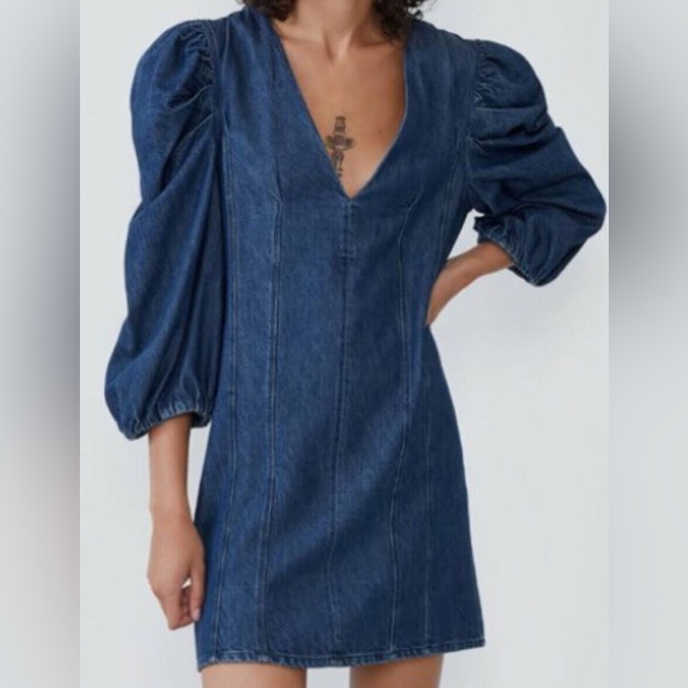 Zara Denim Puffy Sleeve Dress
